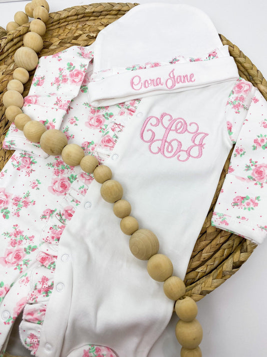 Baby Girl Coming Home Outfit, Personalized Newborn, Monogrammed Footie, Ruffle Pajamas