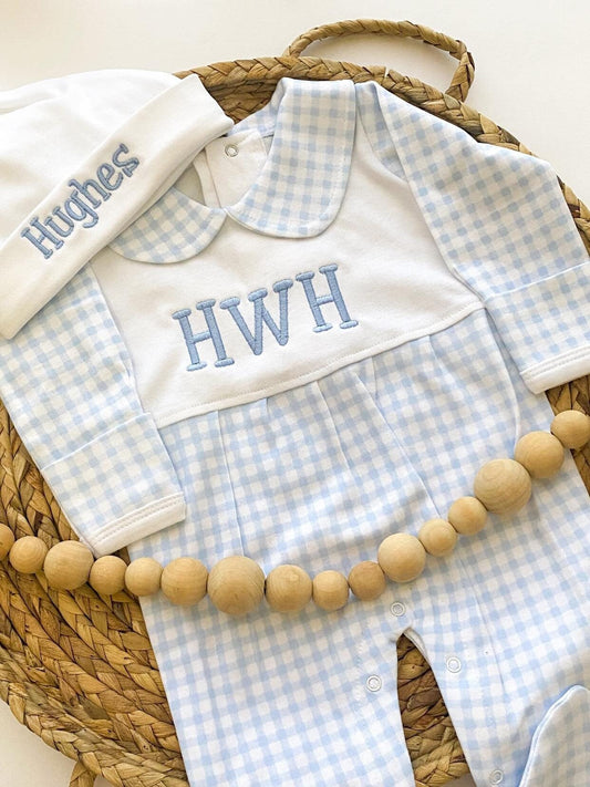 Baby Boy Outfit for Hospital, Personalized Baby Gift, Footie Romper, Gingham Outfit, Monogrammed sleeper, Newborn Photos