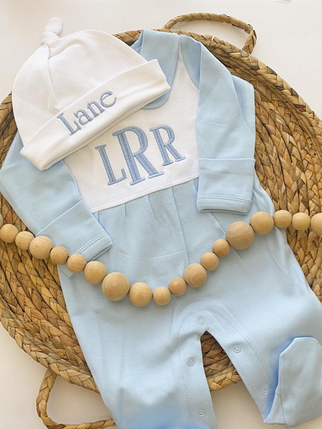 Baby Boy Outfit for Hospital, Personalized Baby Gift, Footie Romper, Gingham Outfit, Monogrammed sleeper, Newborn Photos