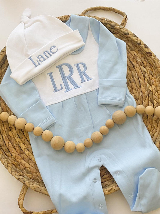 Baby Boy Outfit for Hospital, Personalized Baby Gift, Footie Romper, Gingham Outfit, Monogrammed sleeper, Newborn Photos