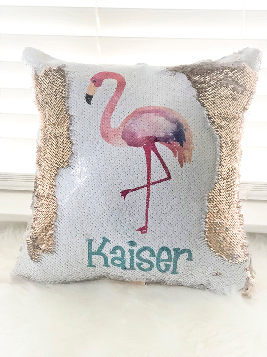 Personalized Flamingo Reversible Sequin Pillow Cover, Hidden Message Pillow cover, Birthday Pillow Cover