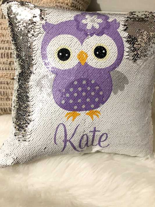 Personalized Owl Pillow Cover, Owl Reversible Mermaid Sequin Pillow, Birthday Pillow Cover