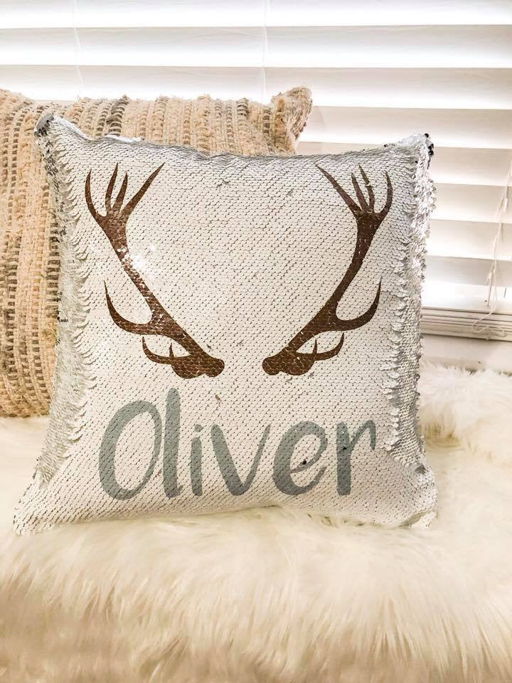 Personalized Boy Reversible Sequin Pillow - Custom Pillow for Boy - Antler Pillow Cover