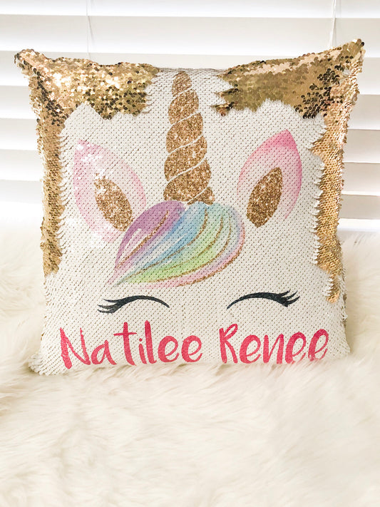 Sparkle Unicorn Mermaid Reversible Pillow  -Personalized Unicorn Reversible Sequin Pillow - Unicorn Glitter Pillow - WITH PILLOW INSERT