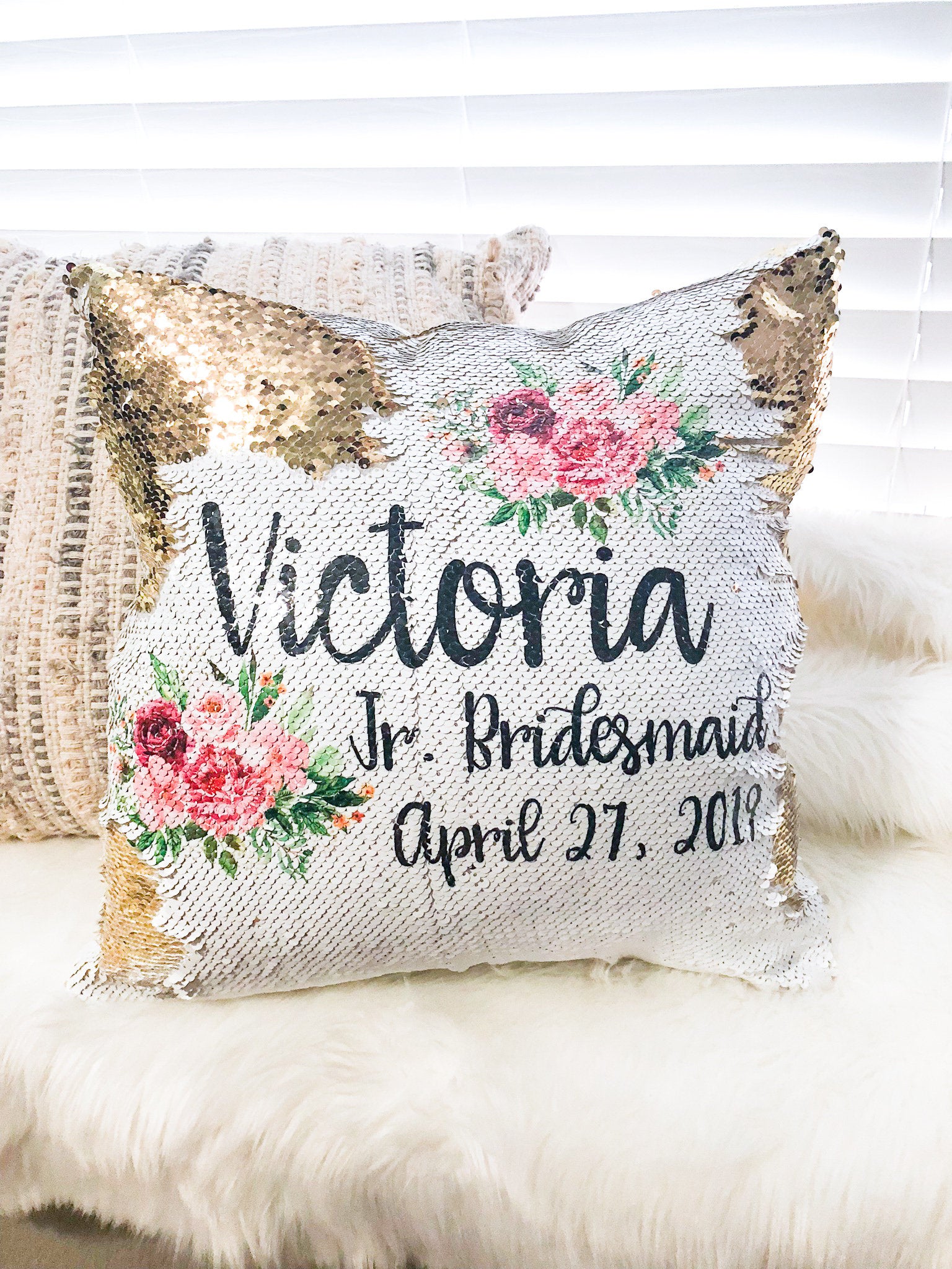 Personalized Jr. Bridesmaid Gift - Junior Bridesmaid or Flower Girl Proposal - Custom Sequin Flower Girl Pillow Cover