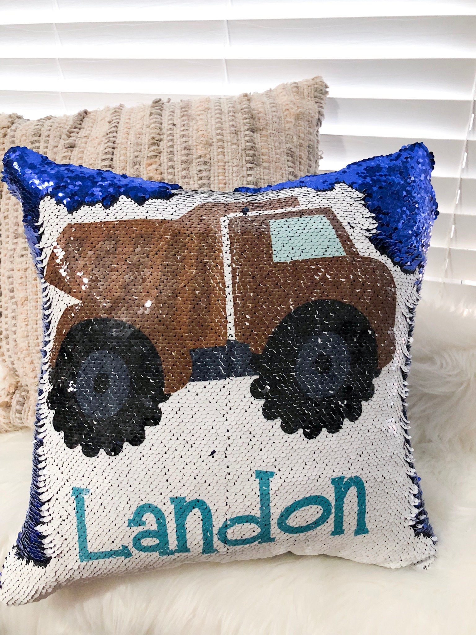 Custom  Fire Truck Sequin Pillow Cover, Custom Boy Sequin Pillow Cover , Construction Reversible Sequin Pillow, Birthday Pillow Cover