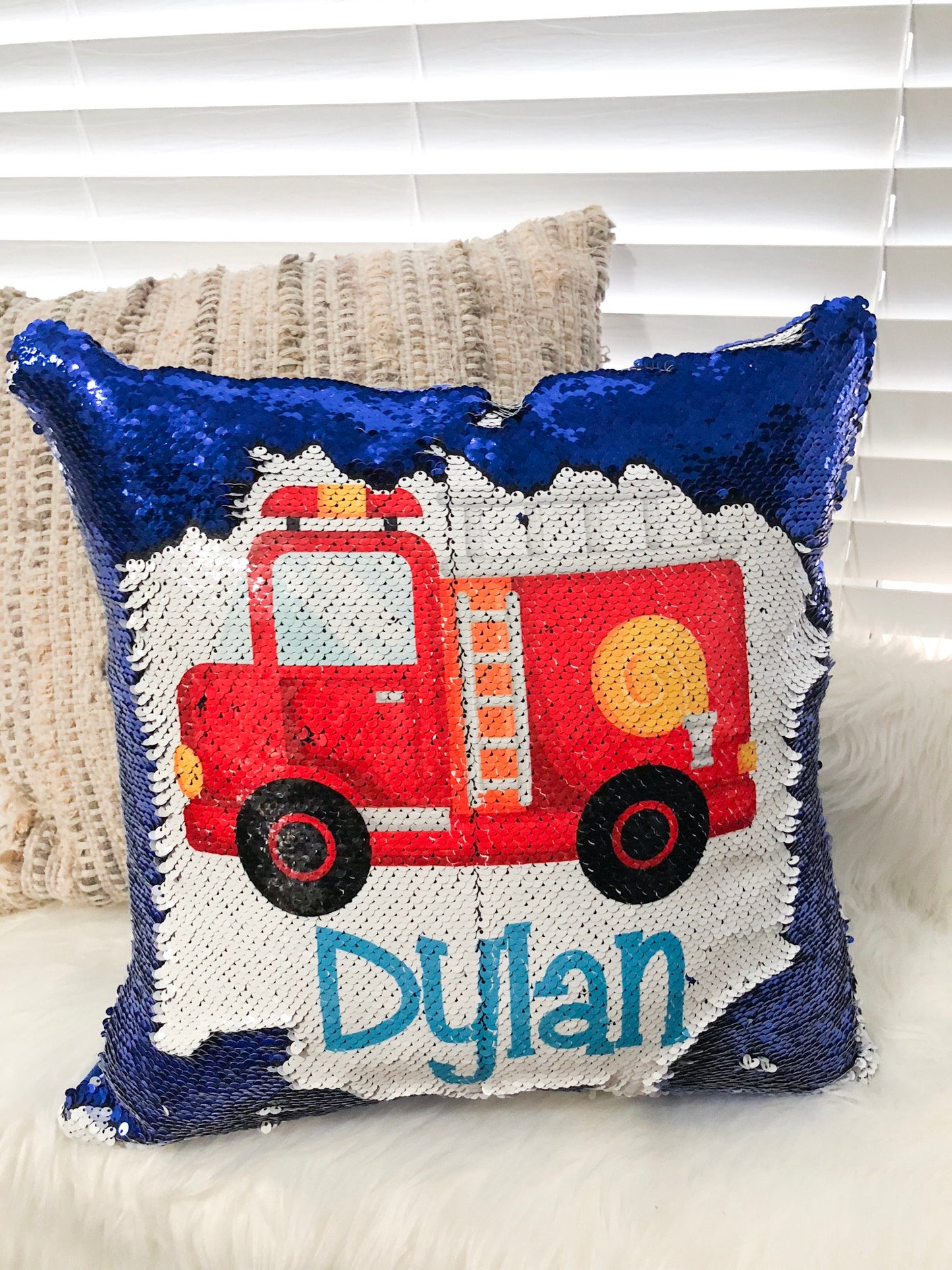 Custom Boy Monster Truck Sequin Pillow Cover, Custom Boy Sequin Pillow Cover , Construction Reversible Sequin Pillow, Birthday Pillow Cover