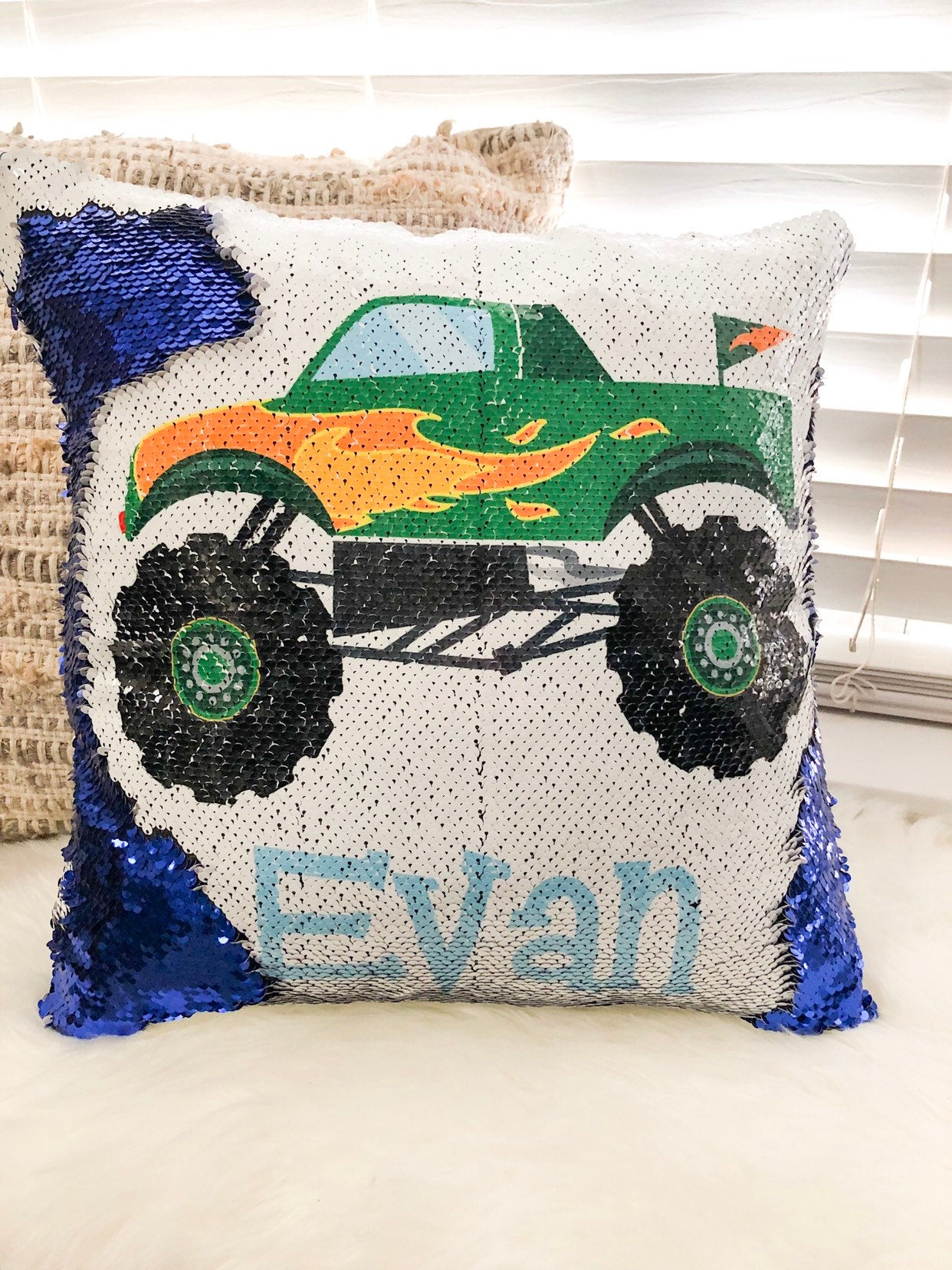 Custom Boy Monster Truck Sequin Pillow Cover, Custom Boy Sequin Pillow Cover , Construction Reversible Sequin Pillow, Birthday Pillow Cover