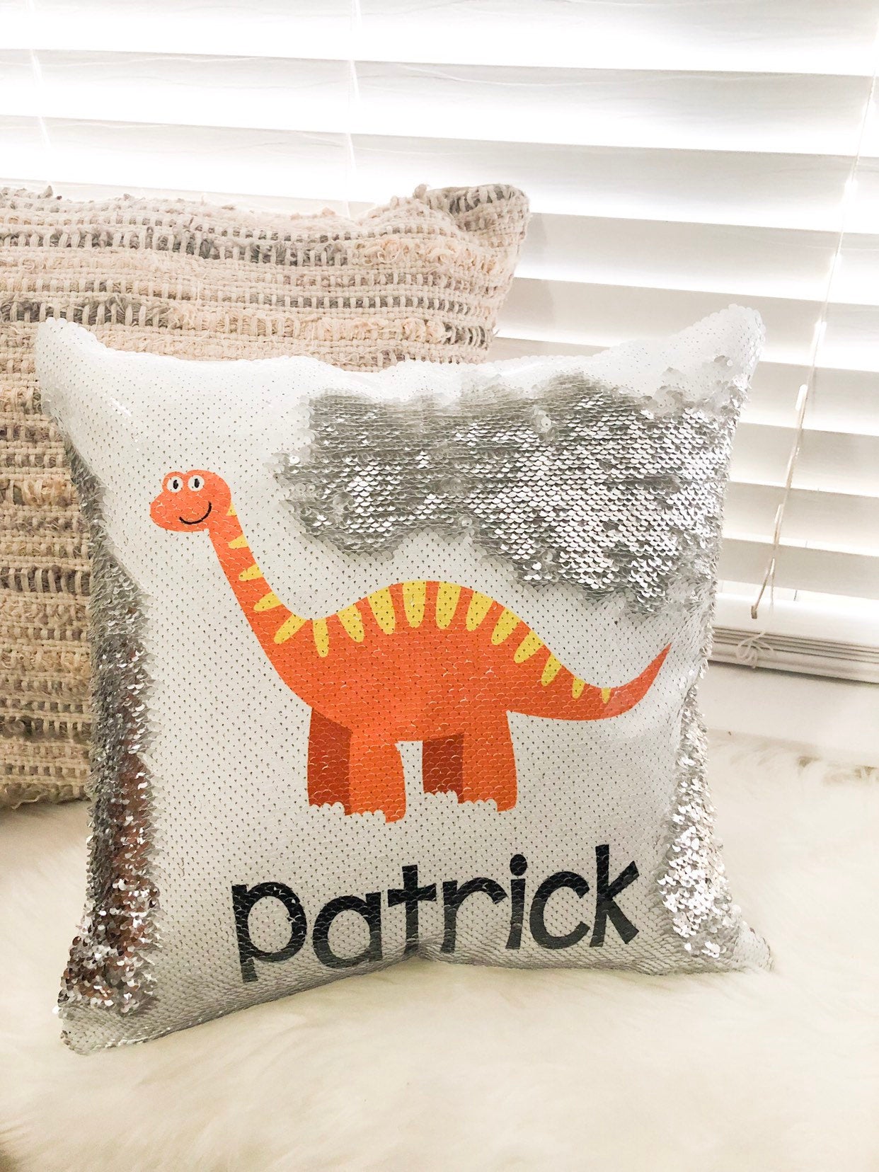 Custom Boy Dinosaur Sequin Pillow Cover, Custom Boy Sequin Pillow Cover , Construction Reversible Sequin Pillow, Birthday Pillow Cover