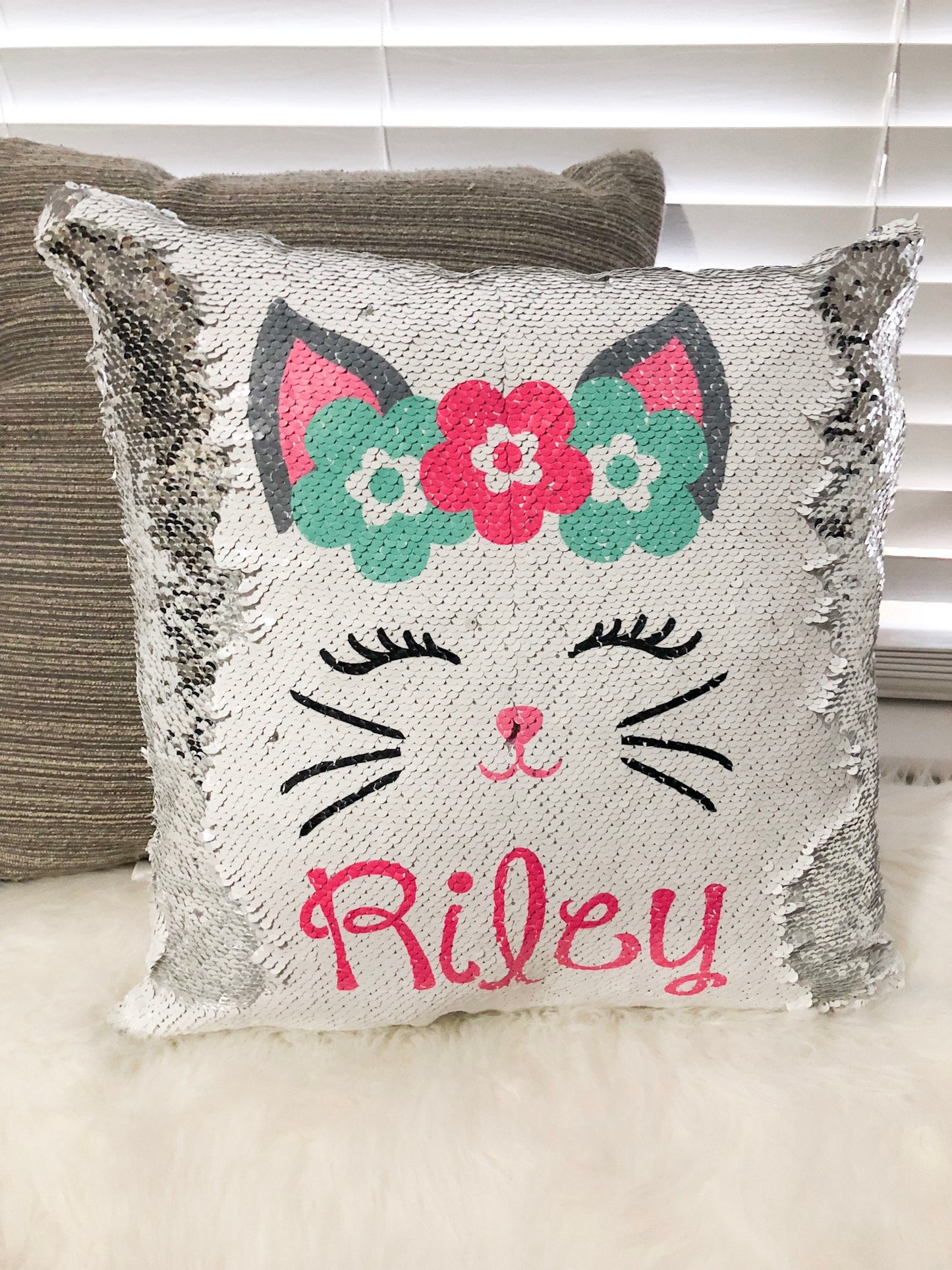 Personalized Cat Face Sequin Pillow, Birthday Pillow Cover, Flip Sequin Pillow