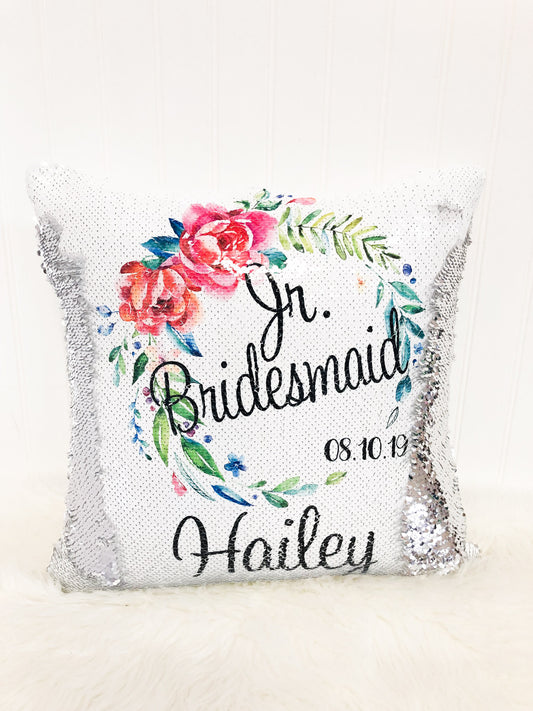 Personalized Maid of Honor Gift Floral Wreath- Junior Bridesmaid or Maid of Honor Proposal - Custom Sequin Flower Girl Pillow Cover