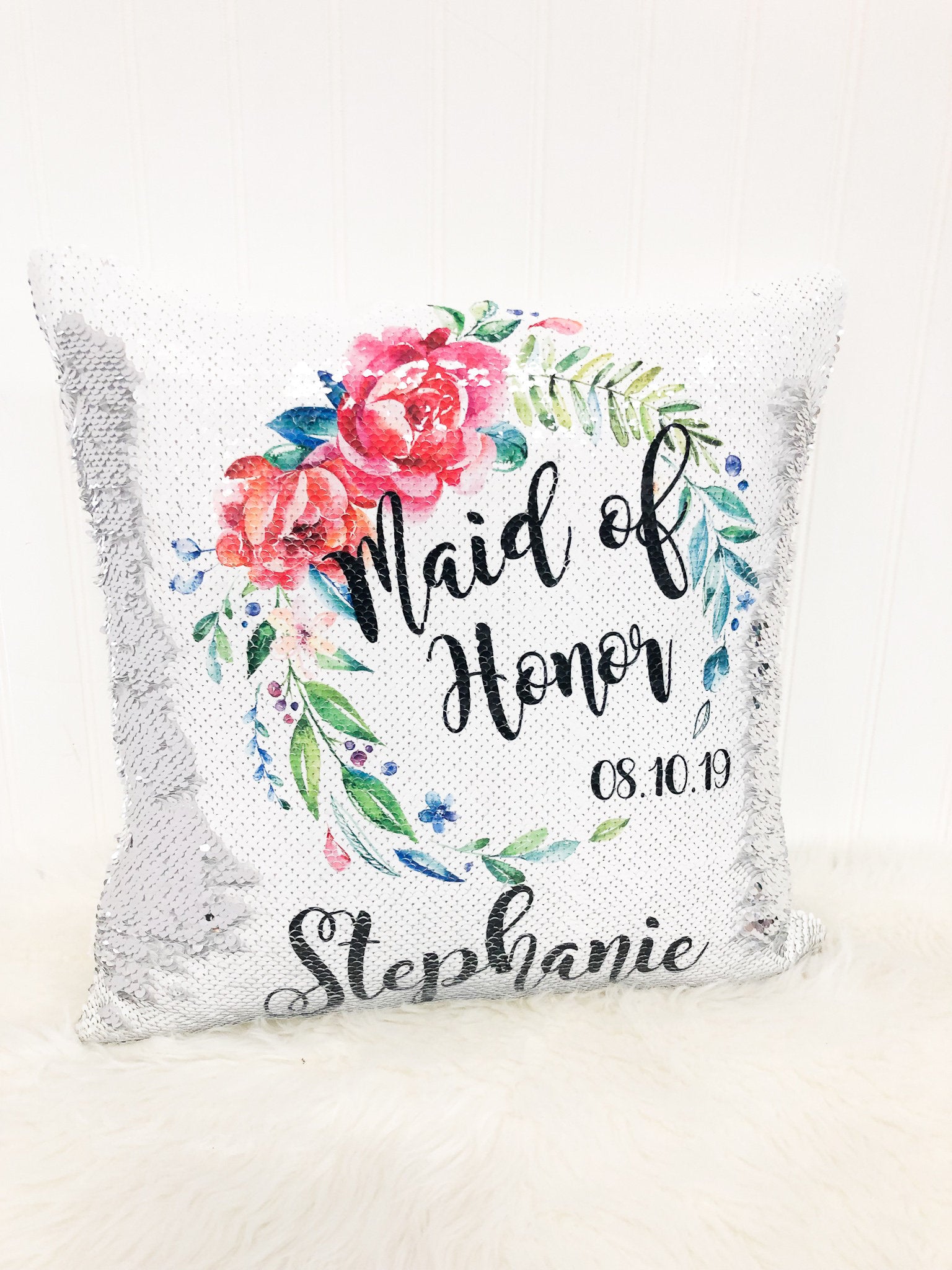 Personalized Maid of Honor Gift Floral Wreath- Junior Bridesmaid or Maid of Honor Proposal - Custom Sequin Flower Girl Pillow Cover