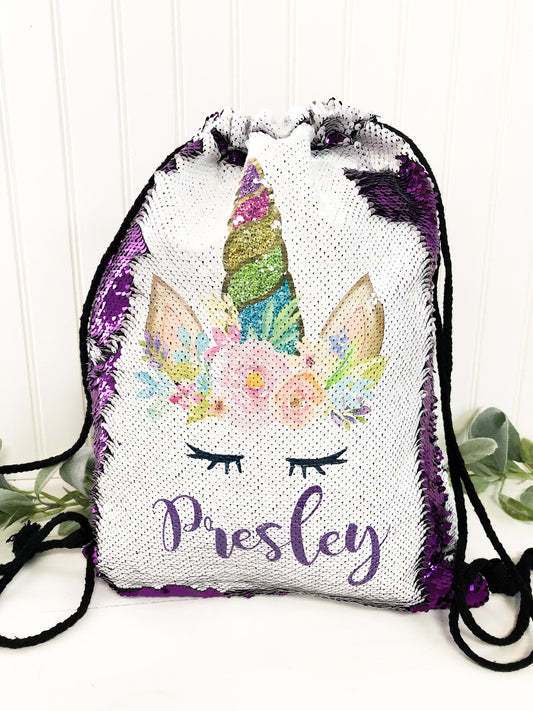 Personalized Sloth Drawstring Backpack - Watercolor Unicorn - Unicorn Gift - Personalized Backpack