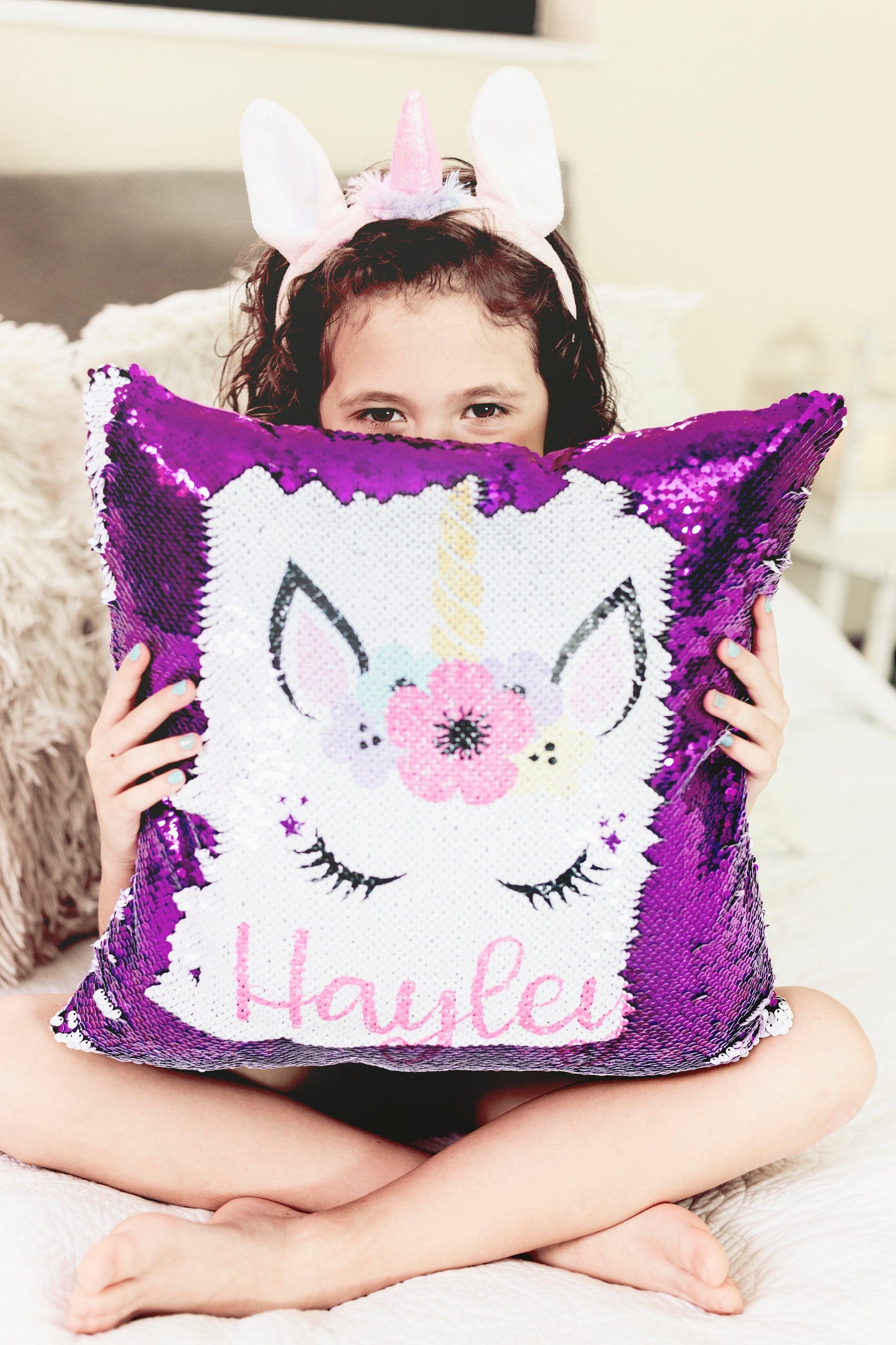 Personalized Unicorn Sequin Pillow Cover - Custom Reversible Sequin Pillow Cover - Personalized Sequin Pillow- Birthday Pillow Cover