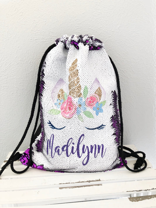 Unicorn Birthday Gift for Girl - Christmas Gift  - Personalized Drawstring Backpack - Custom Backpack